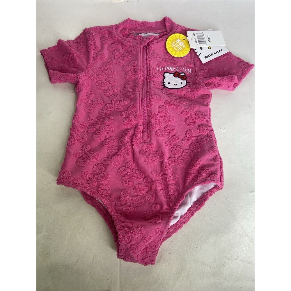 Hello Kitty Pink One Piece Rash Guard Lined Swimsuit Swimwear Girls Size 4T